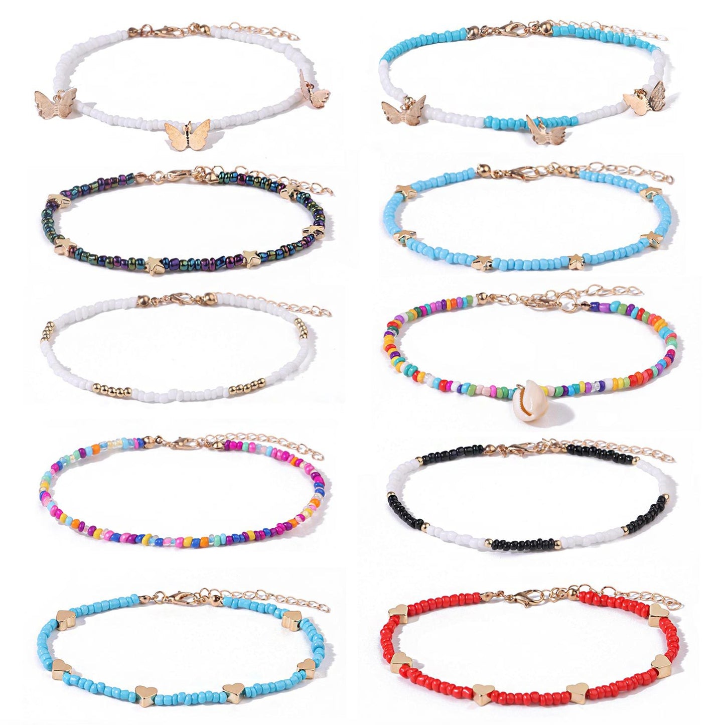 European Style Alloy Butterfly Heart Star Anklet for Women with Mother of Pearl Inlay, Fashion Foot Jewelry