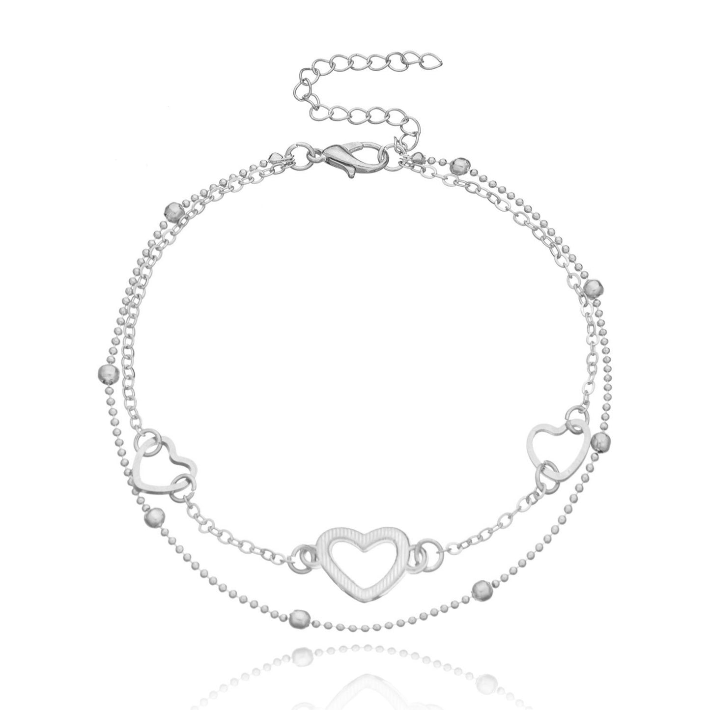 European Style Alloy Heart Shape Women's Double Layer Copper Bead Anklet Fashion Beach Foot Jewelry for Wedding Travel Gift