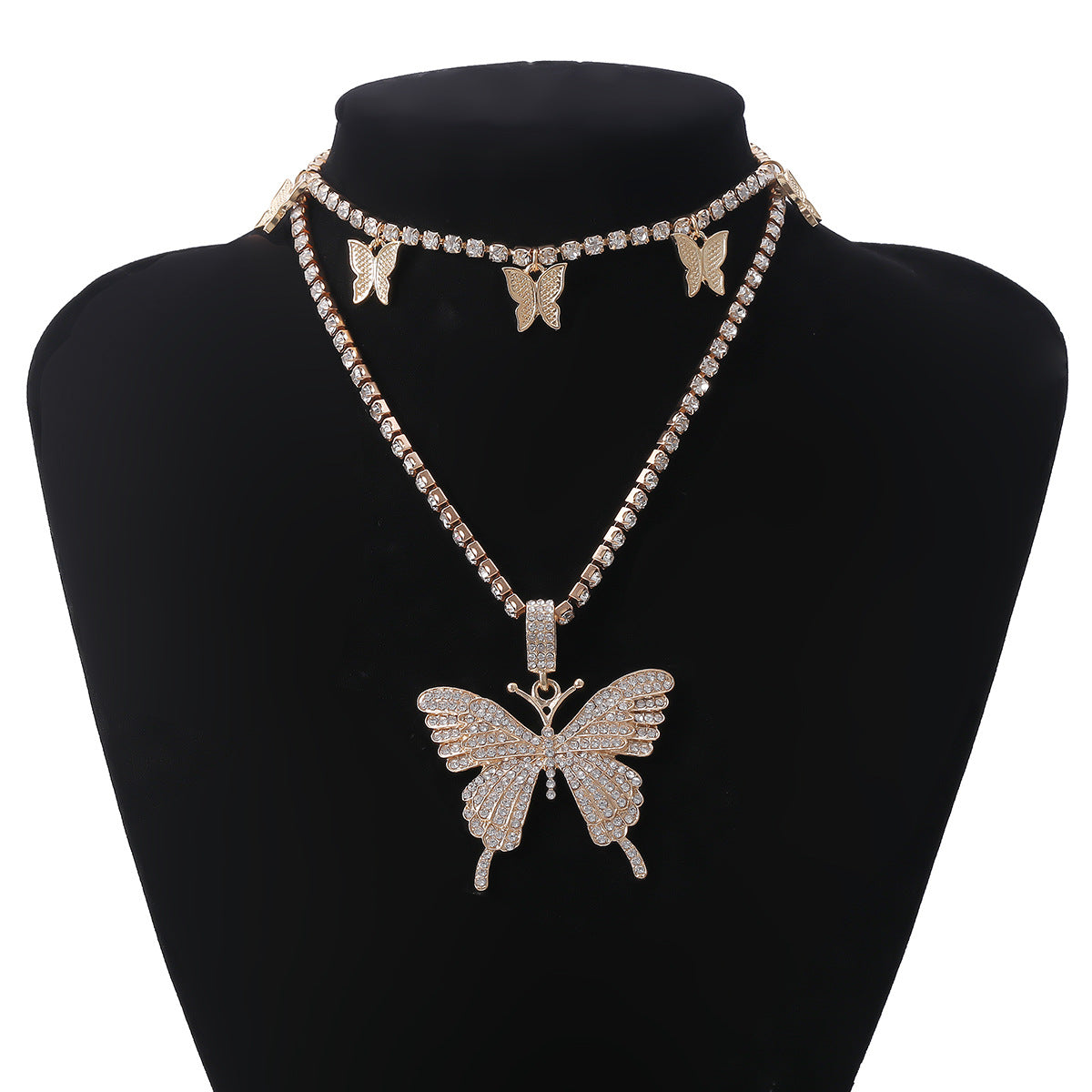 Parure collana geometrica a farfalla con strass e lega per donna, design placcato con catena a griffe, stile individualista, gioielli alla moda