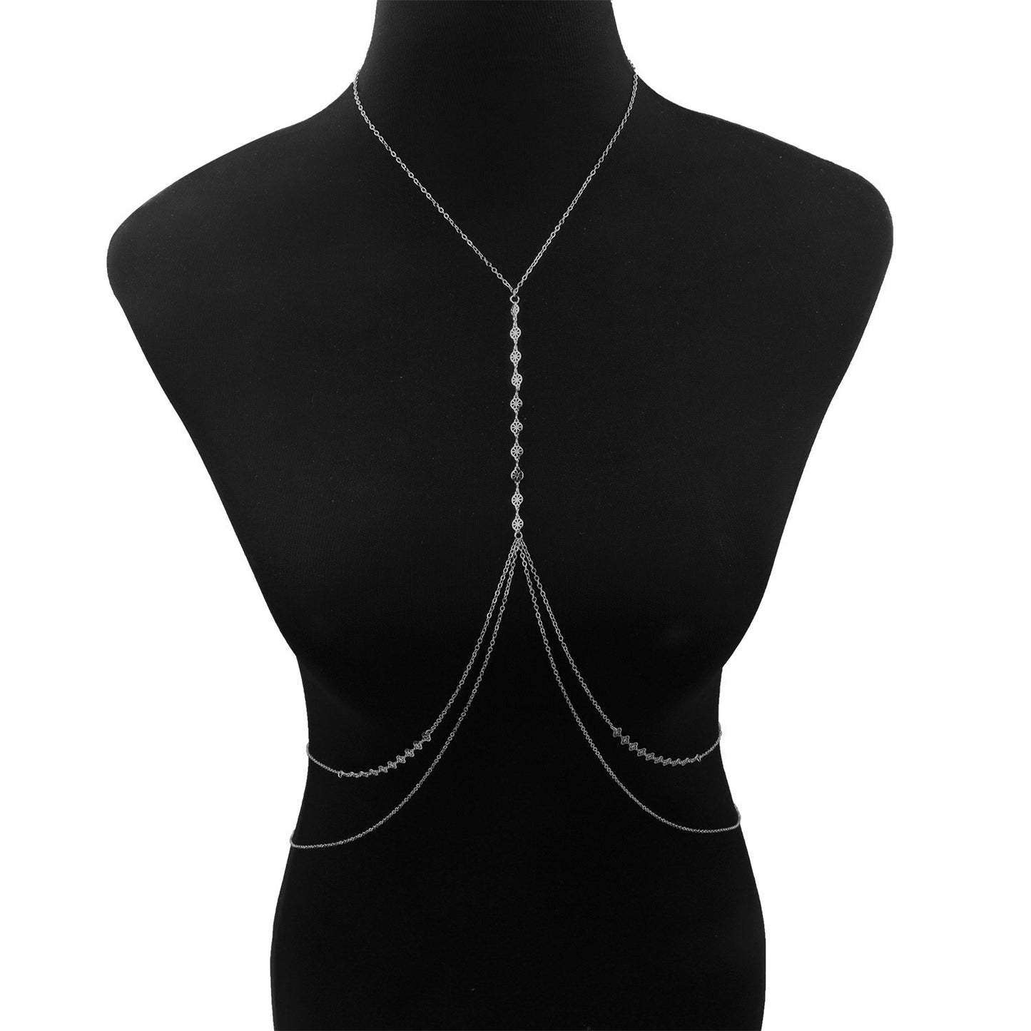 Sexy Low-Waist Body Chain Necklace with Beaded and Carved Geometric Layers