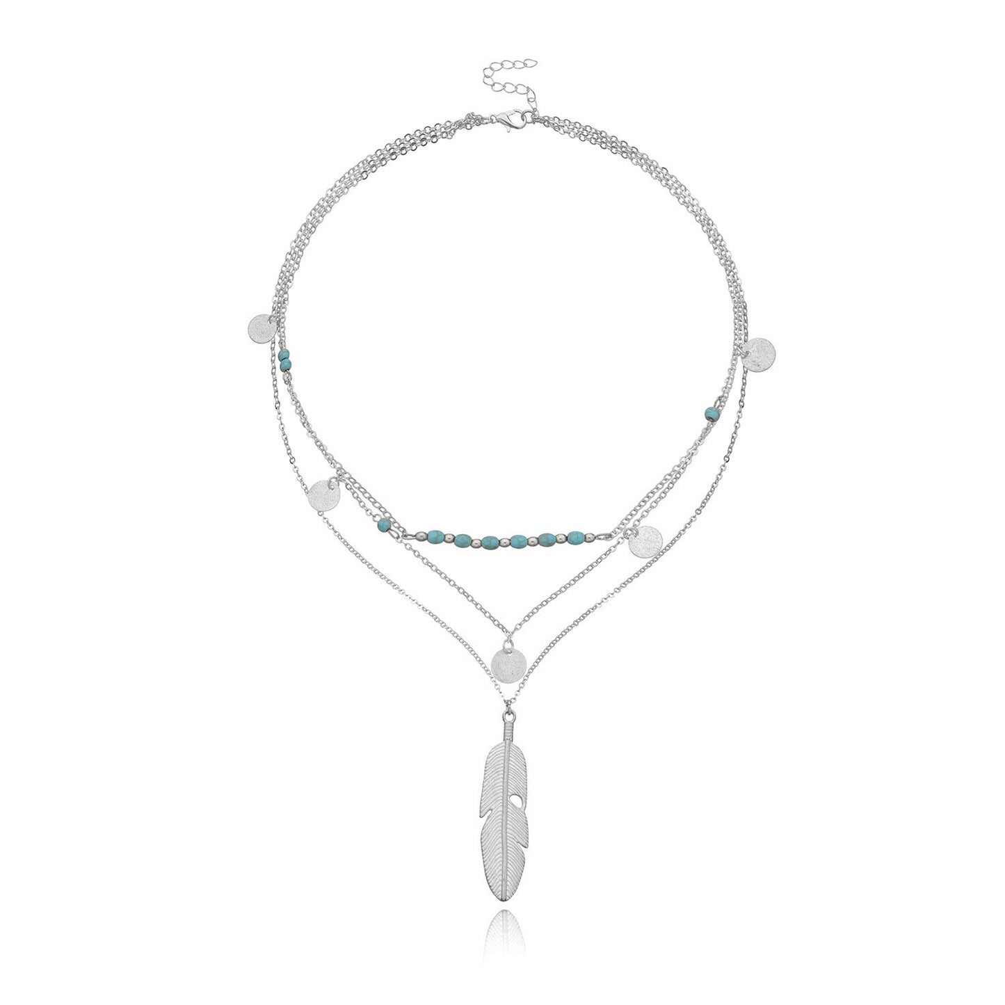 Fashion Feather Turquoise Bead Sequin Multi Layer Necklace for Women Star Pendant Cross Chain Jewelry