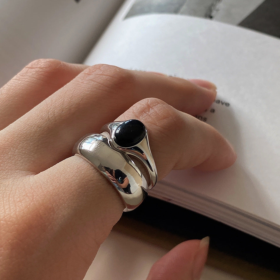 Sweet 925 Sterling Silver Round Geometric Inlaid Black Agate Polka Dot Ring for Unisex
