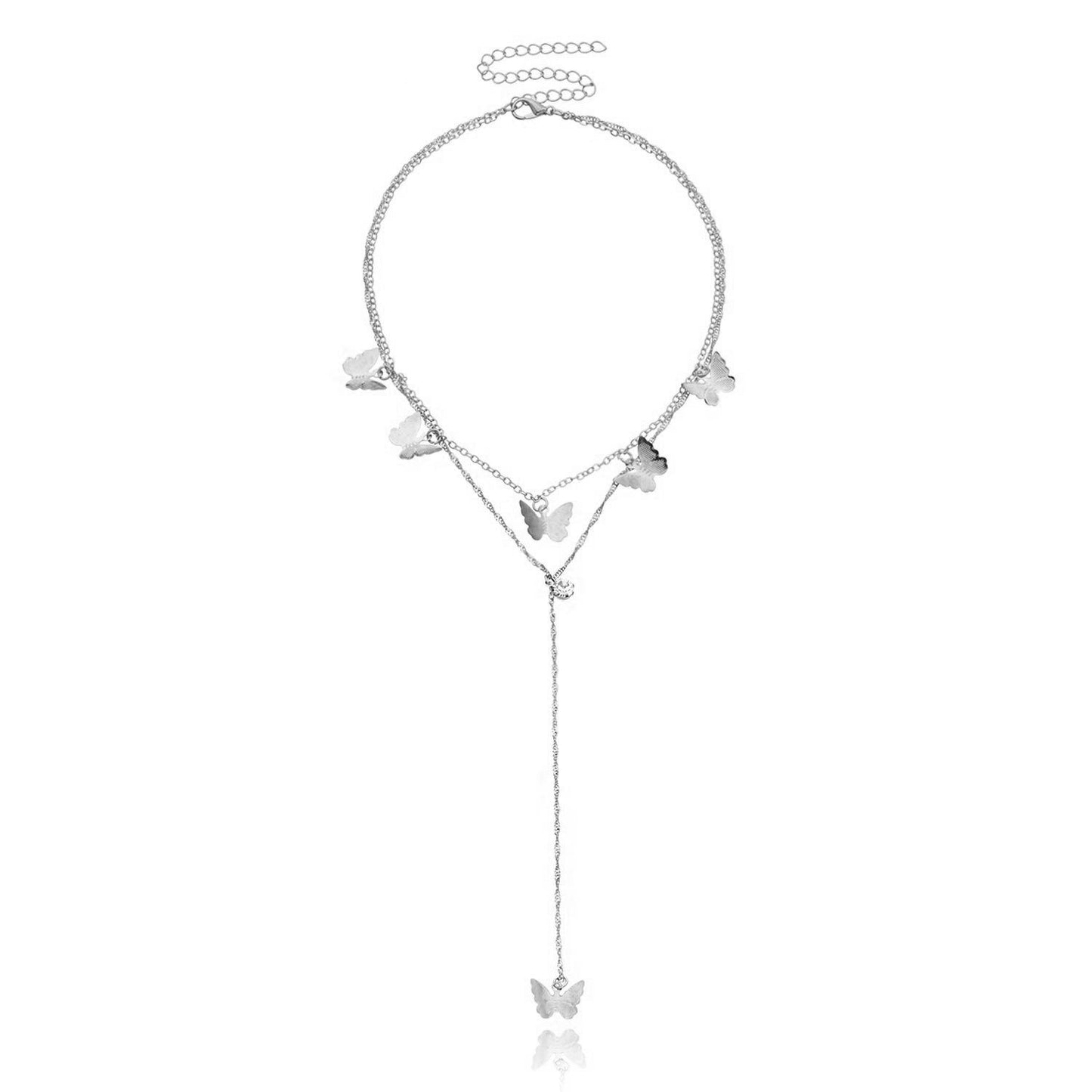 Women's Fashion Double-Layer Alloy Butterfly Pendant Necklace with Rhinestone Drop, Cross Chain Style, Vintage Aesthetic