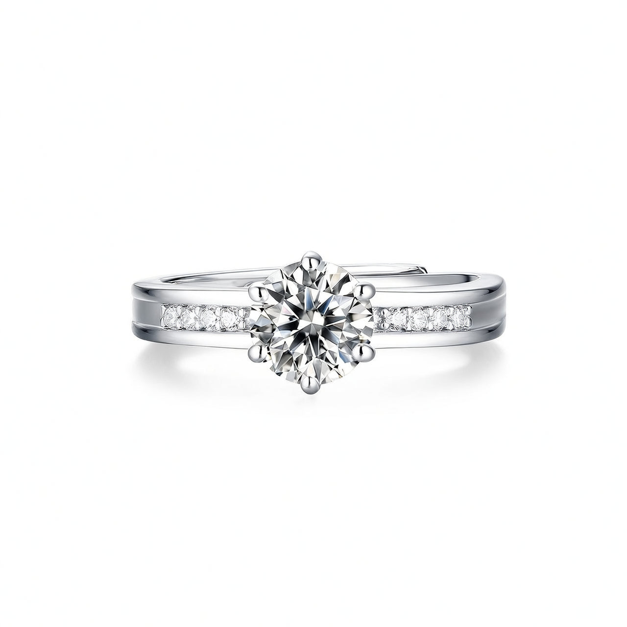 Elegante anello da donna in moissanite rotonda in argento sterling 925 con placcatura in oro 18 carati e incastonatura a sei griffe