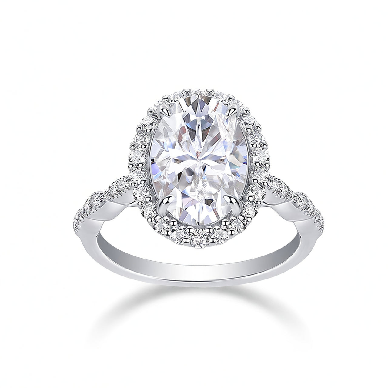 Fashion 925 Sterling Silver Oval Moissanite Ring with Twisted Shank and Halo Setting for Women