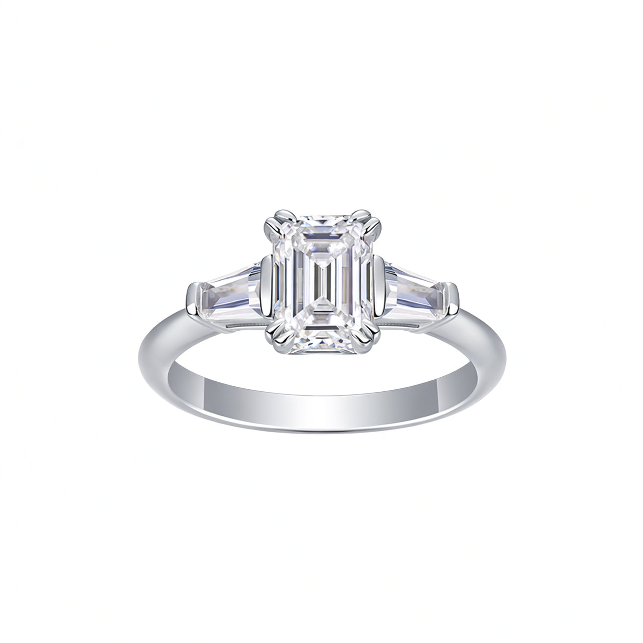 Fashion Geometric Three-Stone S925 Sterling Silver Ring with Emerald Cut Moissanite for Women