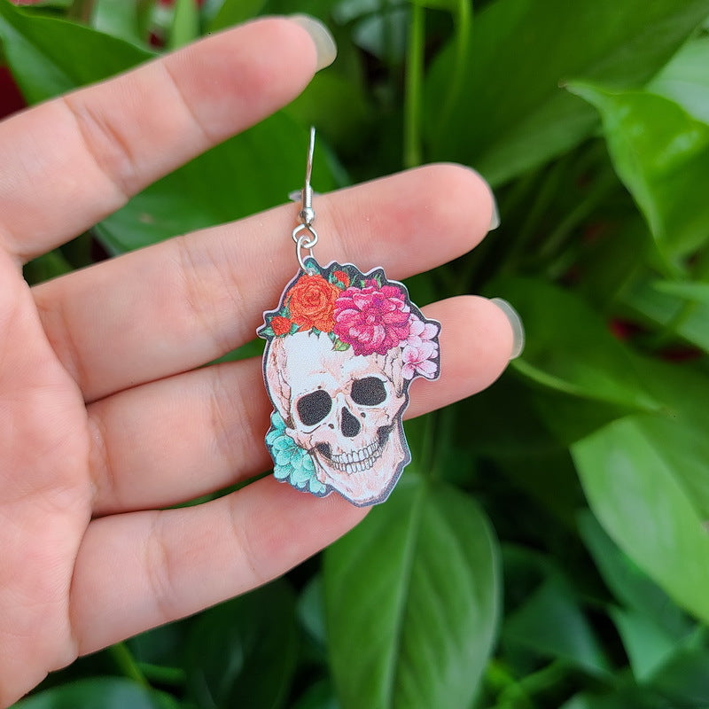 Pendientes de calavera acrílica con flores de Halloween, diseño de cruz, estilo gótico alternativo, joyería de fiesta