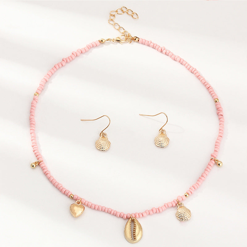 Bohemian Pink Beaded Butterfly Shell Pendant Necklace Set for Children Handmade Jewelry