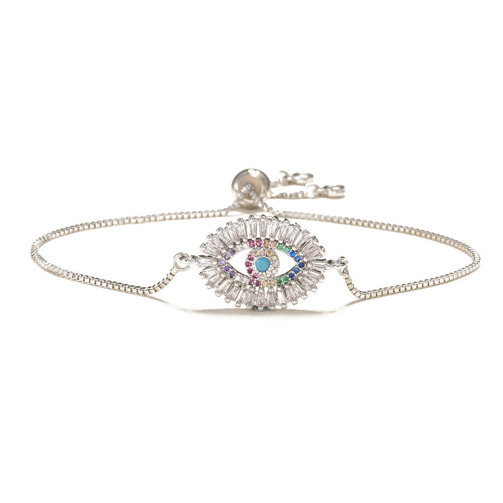 Trendy Women's Brass Micro-Inlaid Cubic Zirconia Evil Eye Pull-String Bracelet