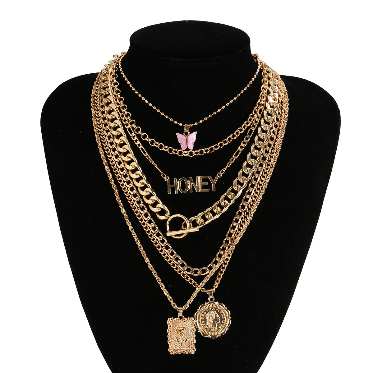 Collar con colgante de mariposa con letras geométricas para mujer, joyería vintage de aleación chapada con cadena cruzada