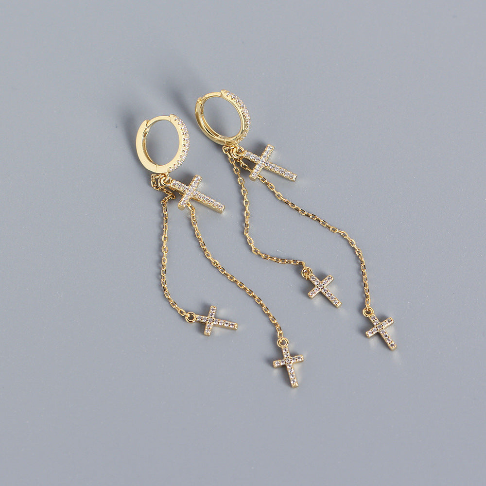 Orecchini da donna con croce in argento sterling 925 e strass intarsiati