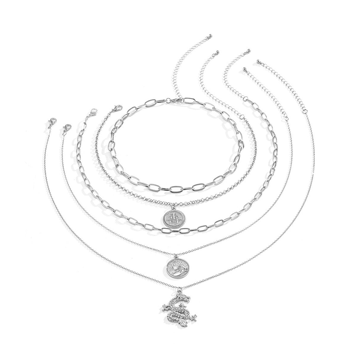 Minimalist Rhinestone Inlaid Dragon and Character Round Pendant Alloy Necklace with Curb Chain for Women