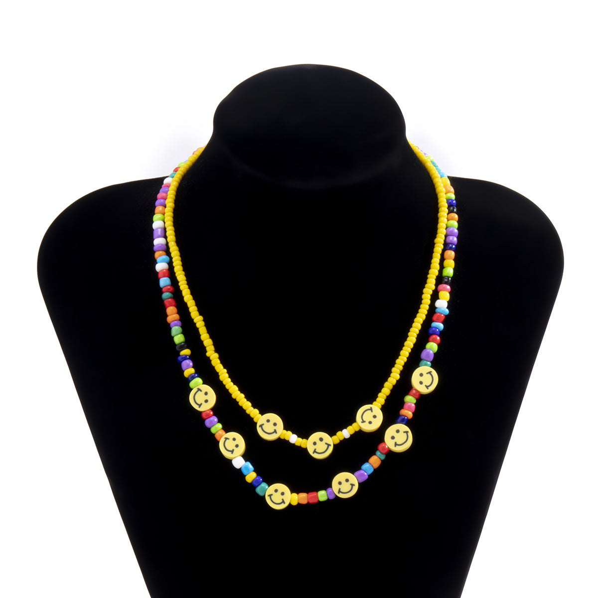 Collar Minimalista Geométrico de Cuentas con Colgante de Cara Sonriente - Conjunto de Cadenas de Mujer Multicapa Hecho a Mano