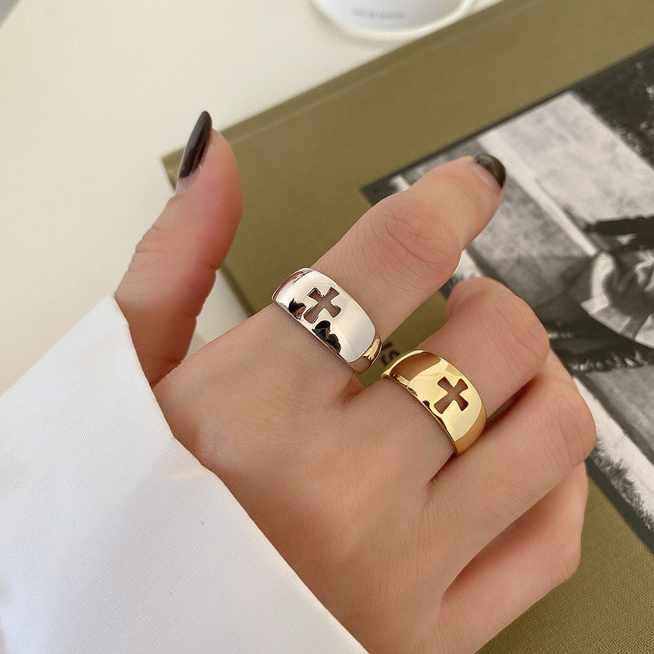 Anello da donna a fascia aperta regolabile con croce in argento sterling 925 minimalista