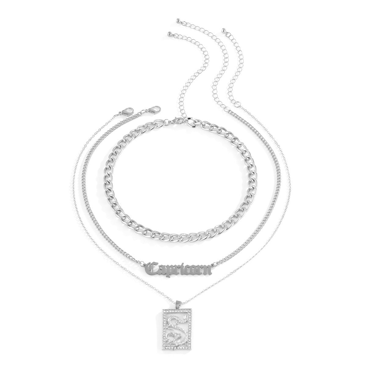 Minimalist Rhinestone Inlaid Dragon Letter Pendant Alloy Necklace Set with Curb Chain for Women