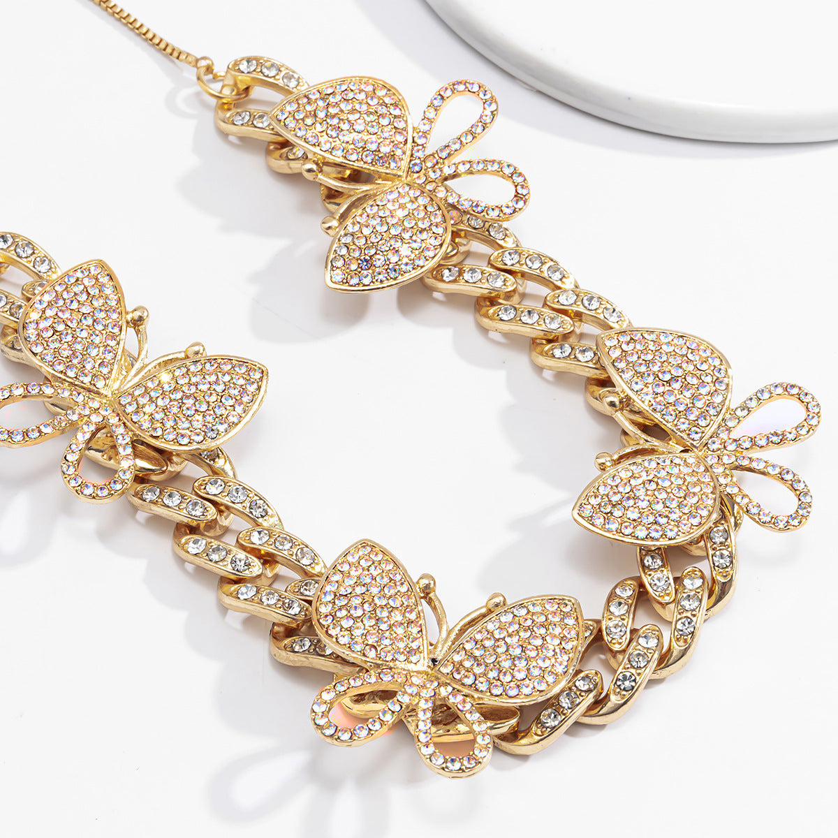Punk Hip-hop Rhinestone Inlaid Butterfly Pendant Alloy Plated Cuban Link Chain Necklace