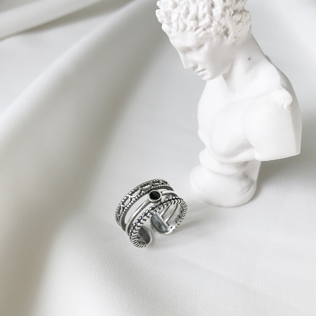 Anello aperto geometrico in argento sterling 925 con accenti circolari, triangolari e quadrati, stile coreano giapponese vintage, gioielli da donna