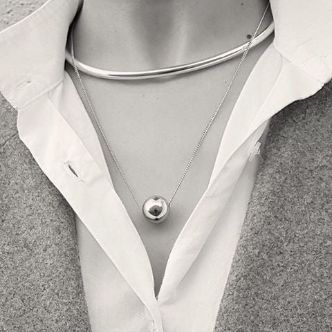 S925 Sterling Silver Geometric Round Ball Pendant Necklace Modern Minimalist Women's Jewelry