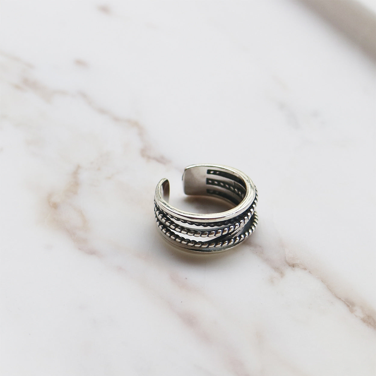 S925 Sterling Silver Twisted Rope Textured Vintage Adjustable Open Ring for Women