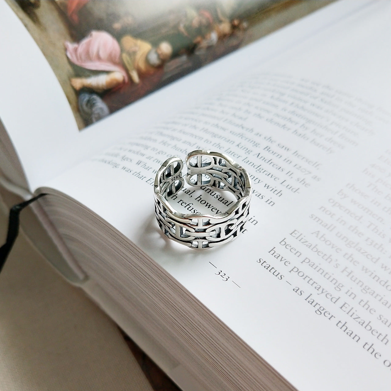 Anillo abierto geométrico ovalado pulido de plata de ley 925 vintage para mujer