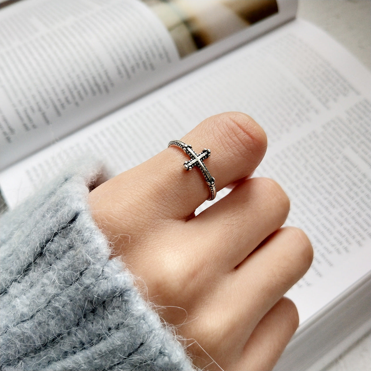 S925 Sterling Silver Minimalist Vintage Twisted Cross Open Ring