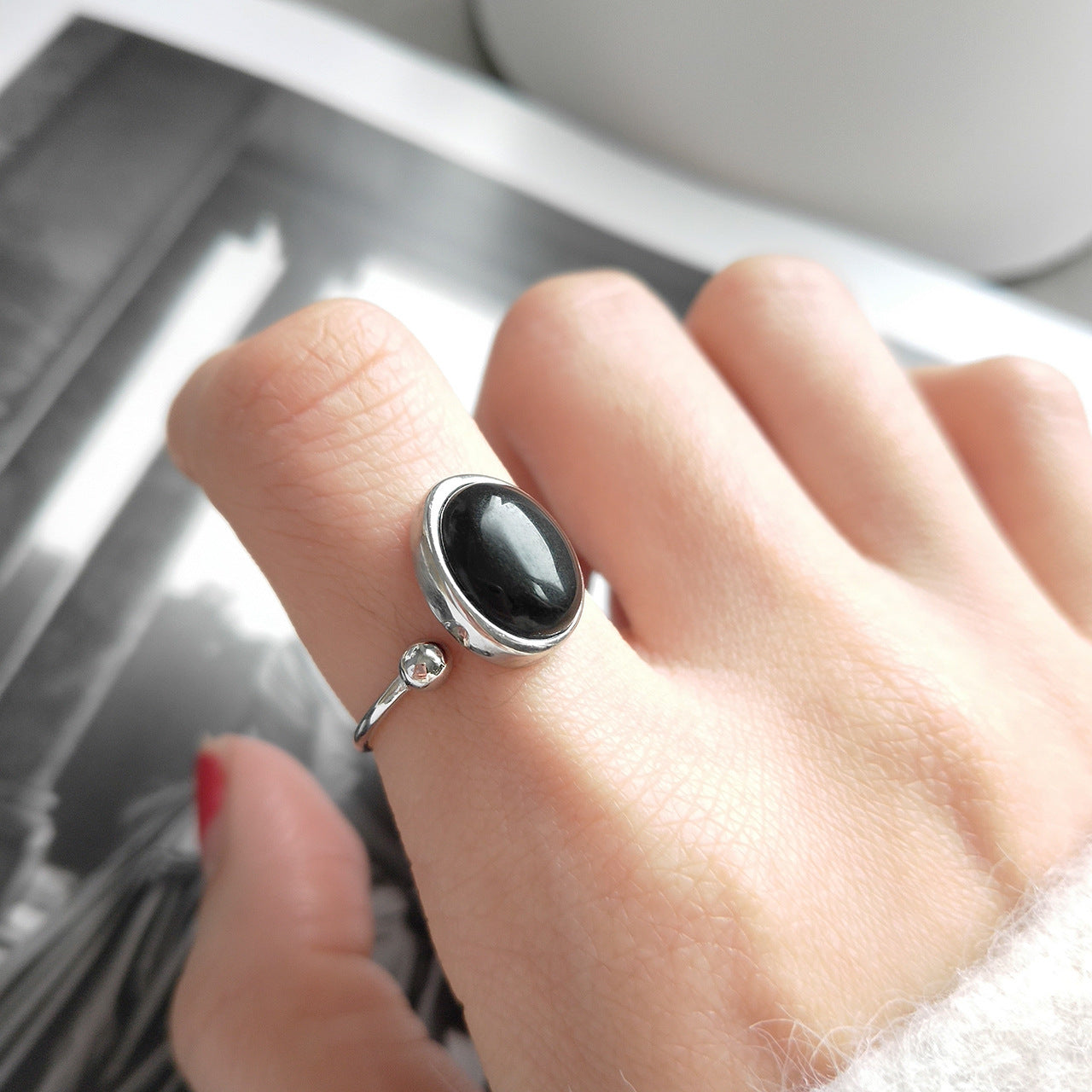 Punk Geometric Oval Black Agate Inlay Plated 925 Sterling Silver Ring for Women