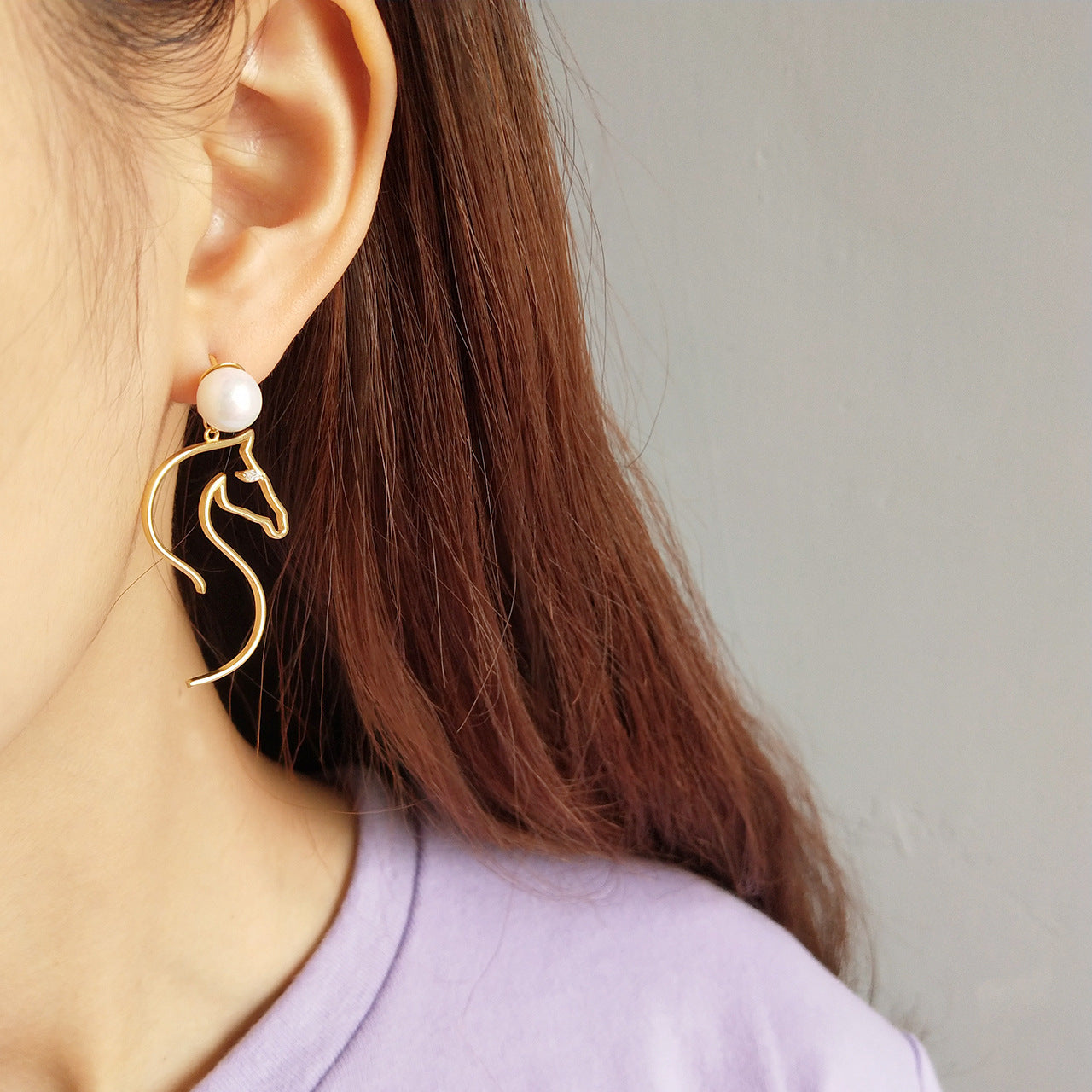 18K Gold Plated 925 Sterling Silver Horse Pearl Stud Earrings for Women