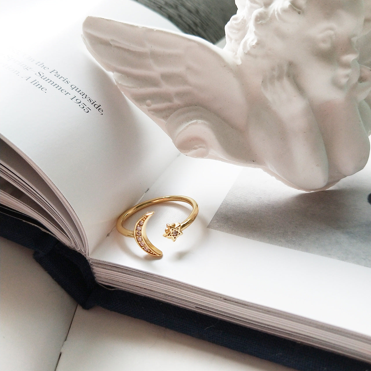 Anello da donna in argento sterling 925 con micro-incastonatura a forma di stella e luna con zirconi cubici
