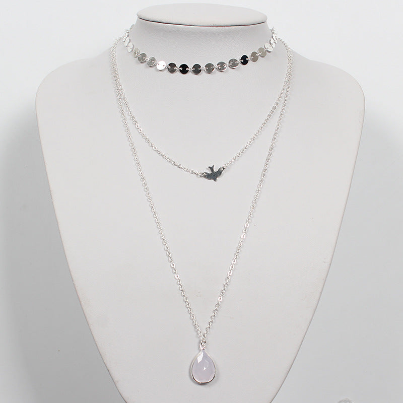Multi-Layer Necklace for Women with Dove Pendant Ball Chain and Teardrop Rhinestone Accents