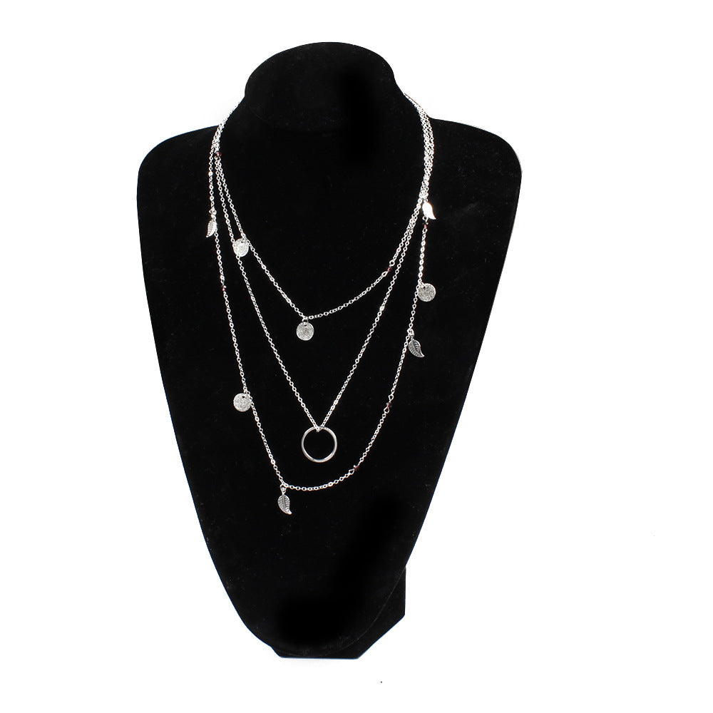 Handmade Multi-Element Necklace with Sequin Leaf Pendant and Tassel Charm Adjustable Alloy Chain