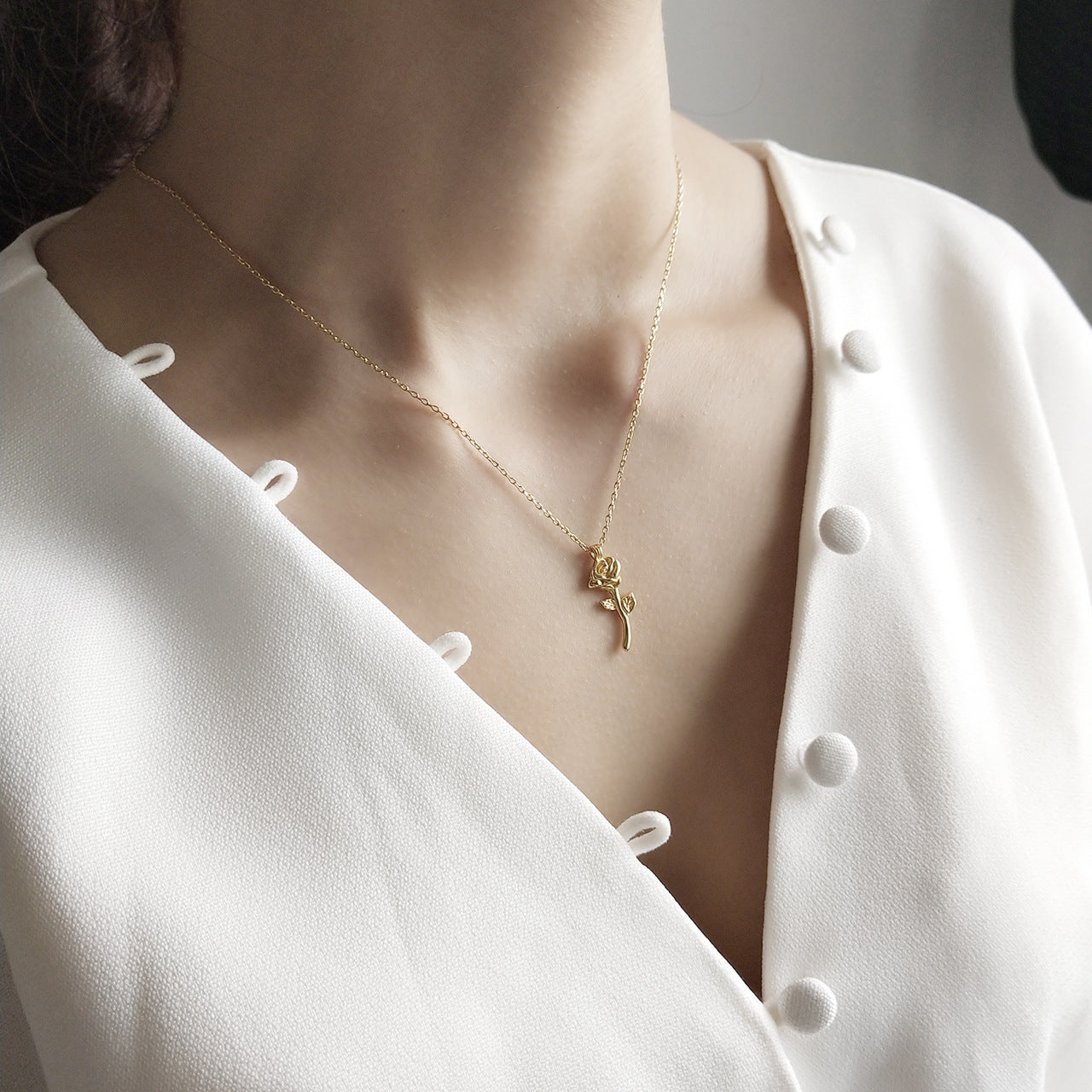 Sweet 925 Sterling Silver Rose Gold Plated Geometric Rose Flower Necklace