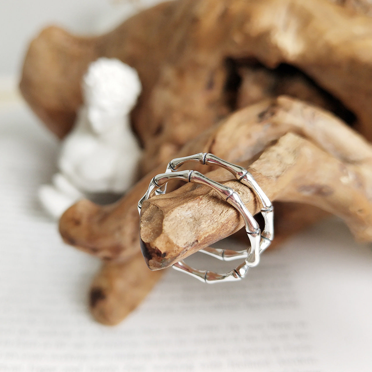 Anillo de Bambú de Plata de Ley 925 Vintage para Mujer