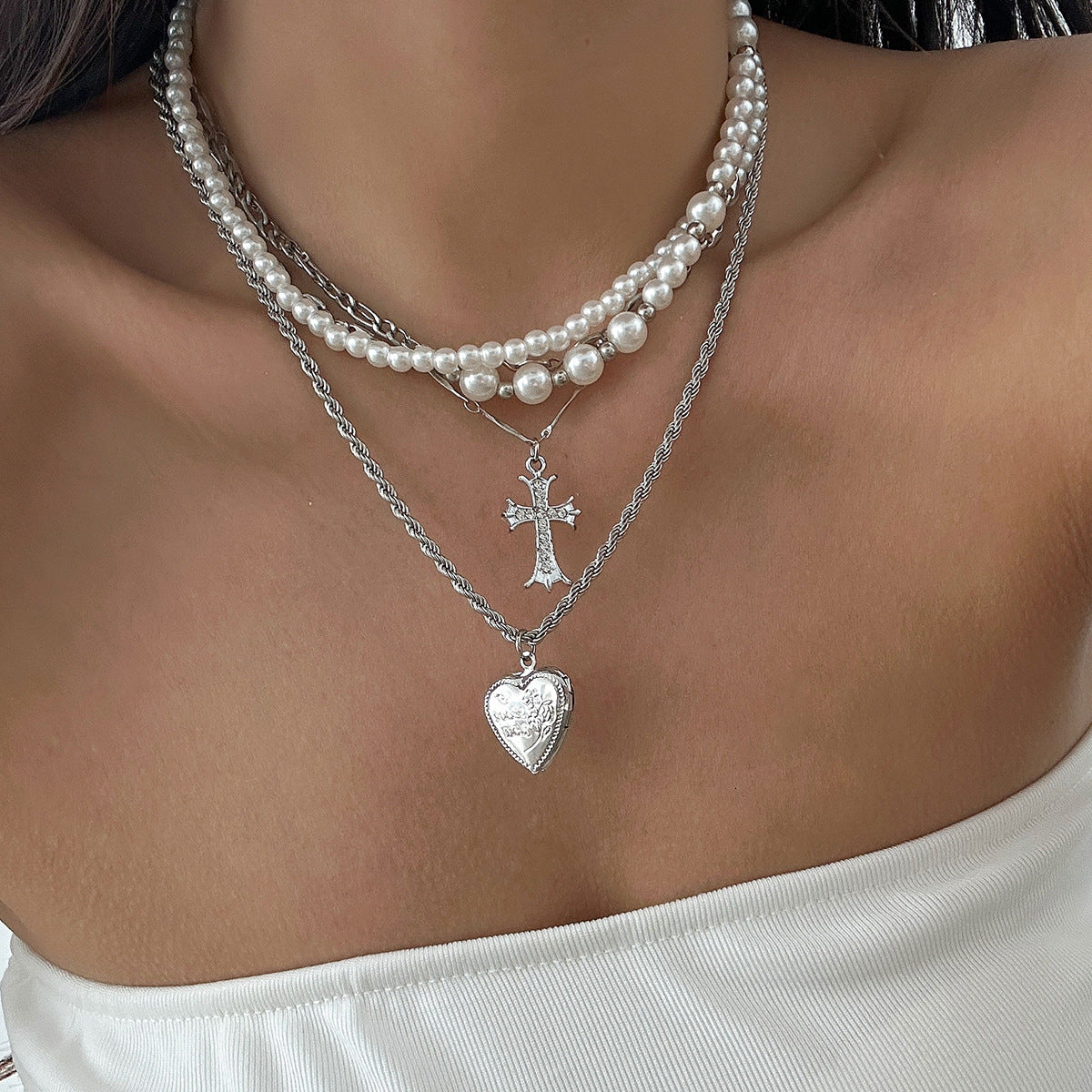 Minimalist Cross Pendant Necklace with Imitation Pearl and Alloy Accents on Pearl Chain for Women