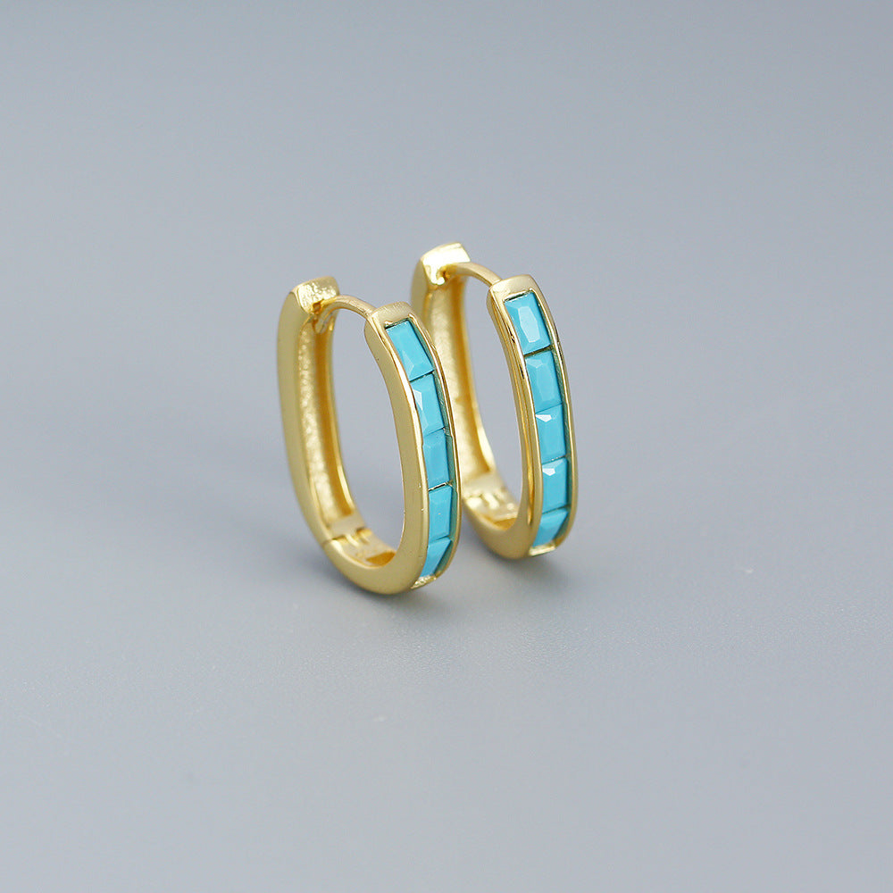 Vintage French-Style Enamel U-Shaped Earrings in Sterling Silver with Geometric Design for Women