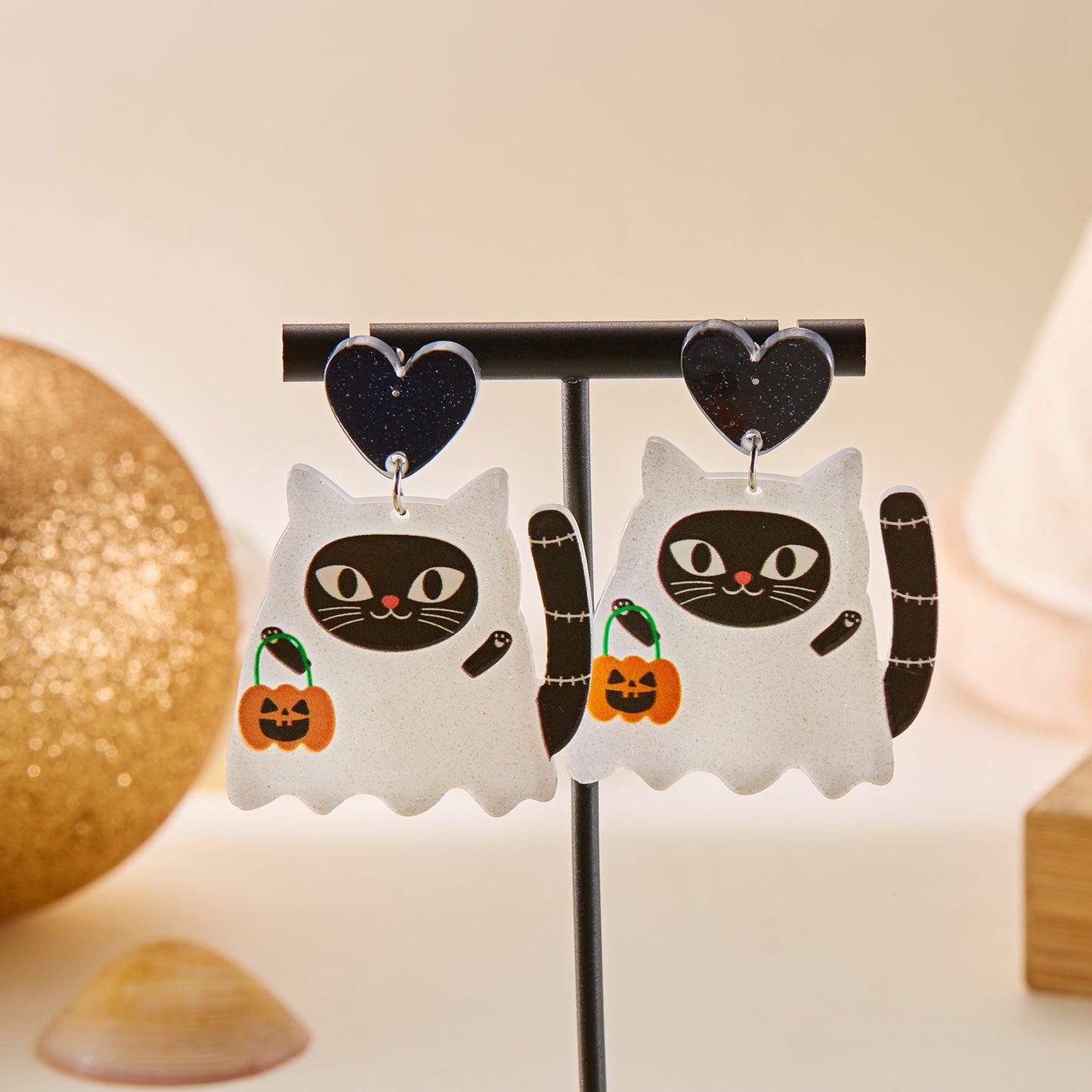 Orecchini pendenti creativi di Halloween in acrilico con foglie, motivi di zucca e pipistrello, finitura galvanizzata, abbigliamento da ufficio alla moda