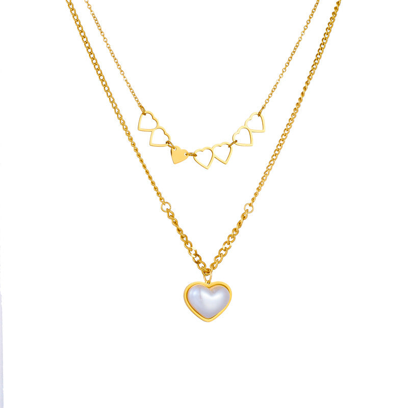 Fashionable Double-Layer Hollow Heart Pendant Necklace in Titanium Steel with Plated Finish for Women