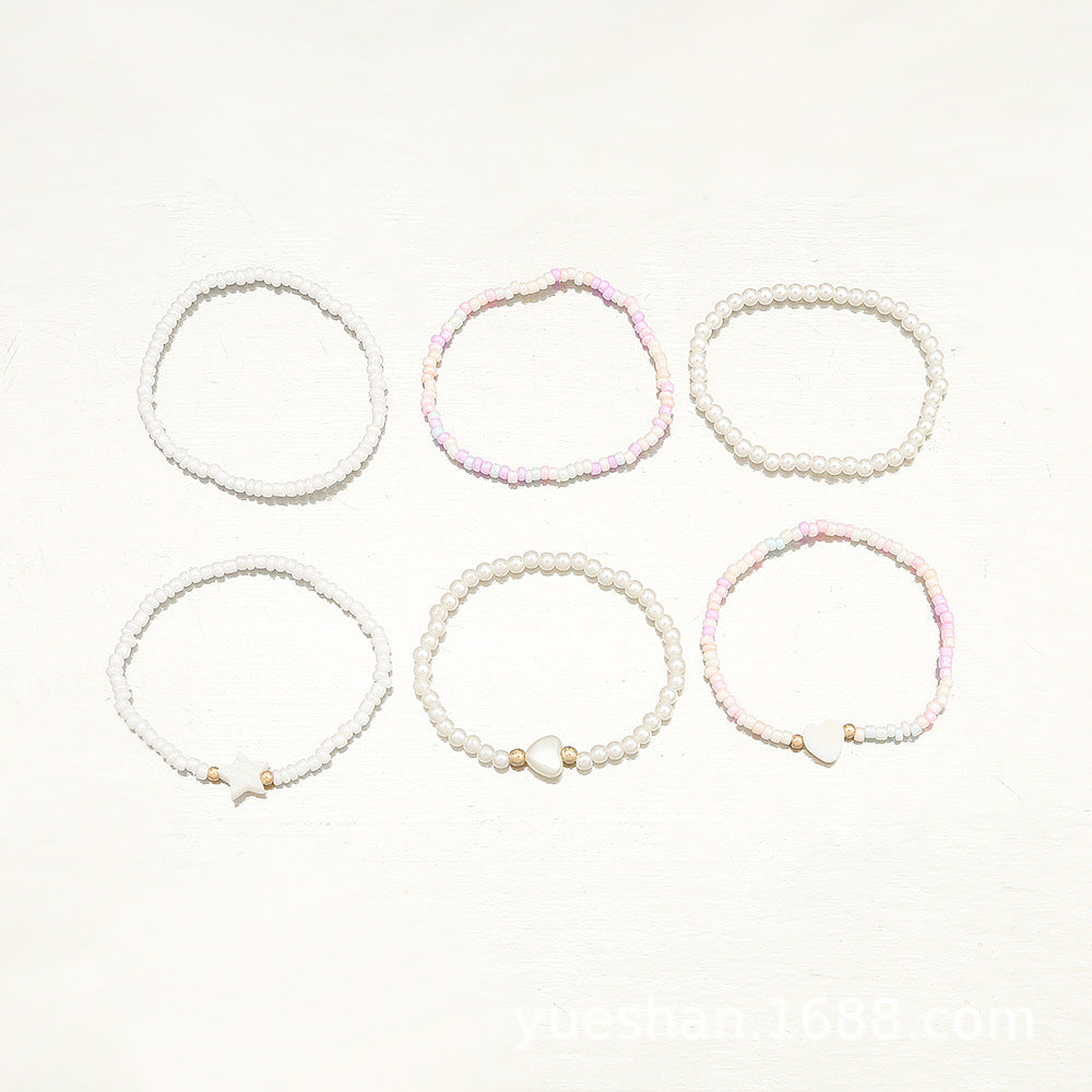 Set di braccialetti in perle di vetro a forma di cuore e stella, carini e dolci per bambine in stile principessa