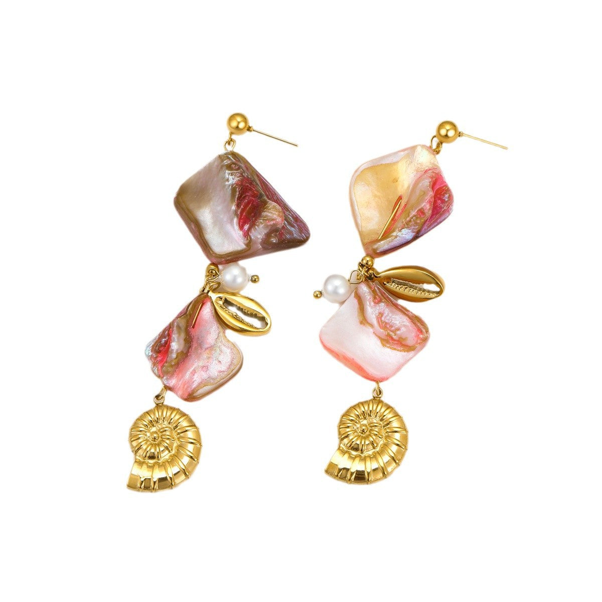 Orecchini a perno conchiglia con nappa in stile spiaggia bohémien, in acciaio inossidabile e perle conchiglia in titanio, colore rosa