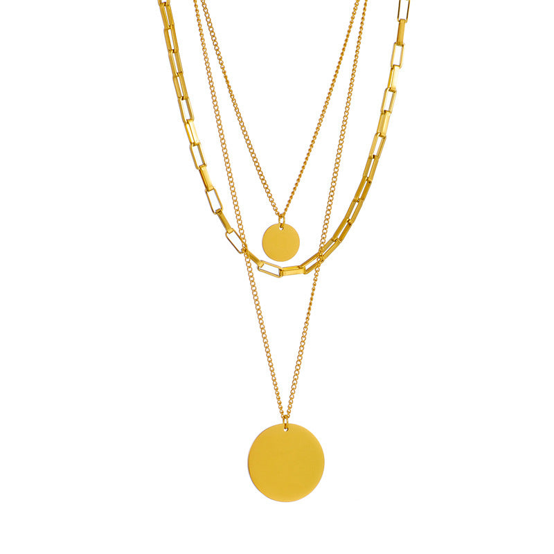 Collana da Donna Minimalista Geometrica a Strati con Ciondolo Rotondo Placcata in Acciaio al Titanio