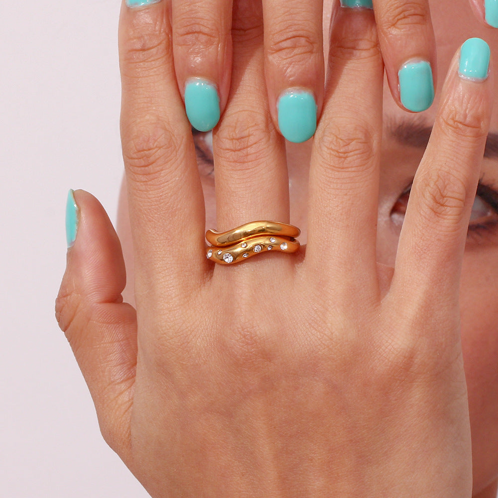 Minimalist Geometric Stainless Steel Ring with 18K Gold Plating and Micro-Pave Curved Design for Women