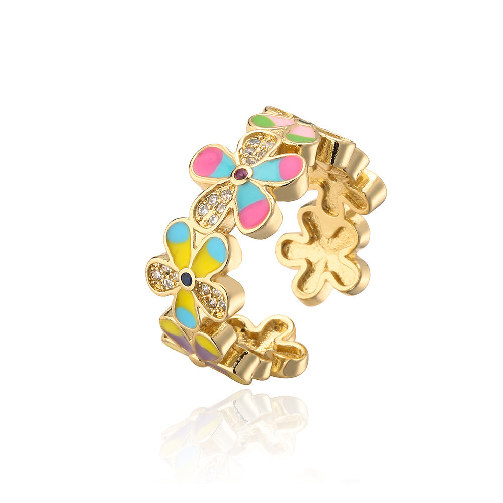 Minimalist Geometric Floral Drip Oil Cubic Zirconia Inlay Gold Plated Brass Ring for Women