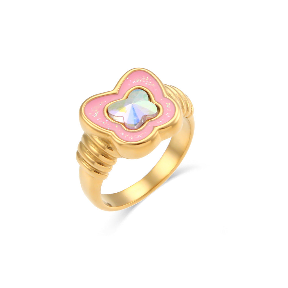 Elegant Butterfly-Shaped Stainless Steel Ring with Rhinestone Accents and Enamel Finish for Women