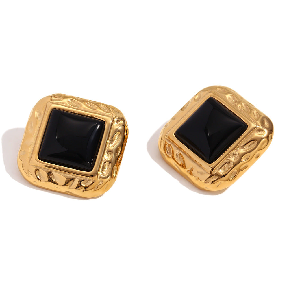 Orecchini a perno quadrati geometrici neri in acrilico in stile vintage in acciaio inossidabile con placcatura in oro 18 carati da donna