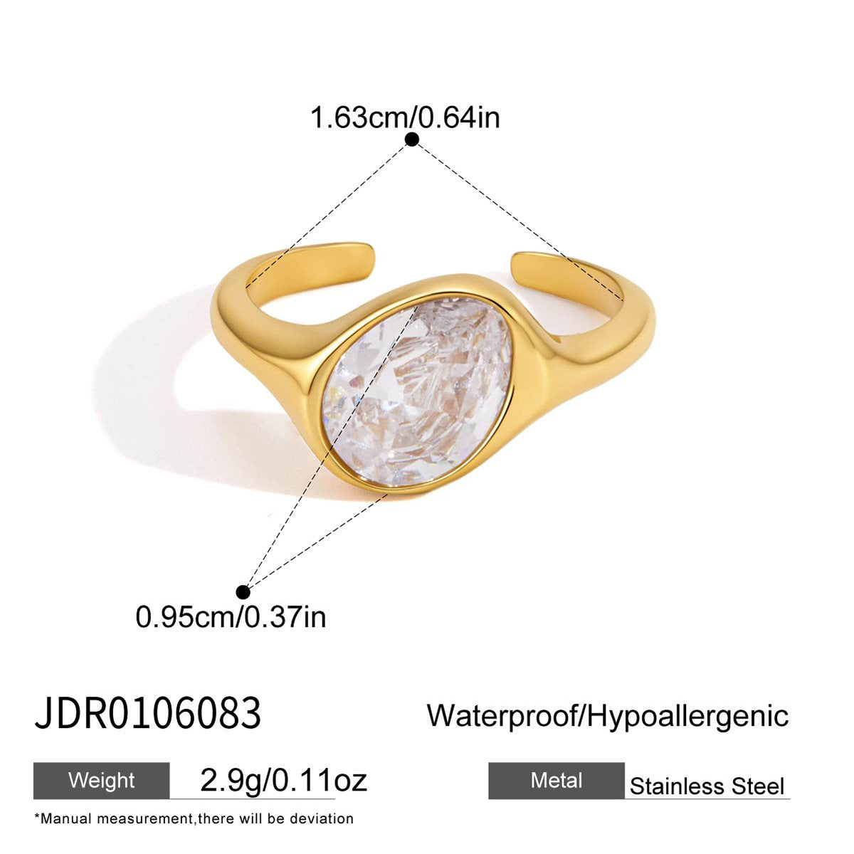 Elegant Teardrop Oval Cubic Zirconia PVD Gold Plated Titanium Steel Ring for Women