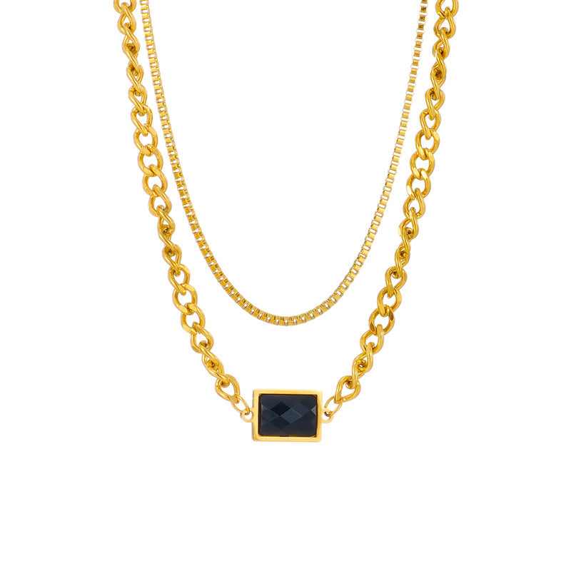 Vintage Minimalist Rectangular Black Rhinestone Double-Layer Titanium Steel Plated Necklace for Women