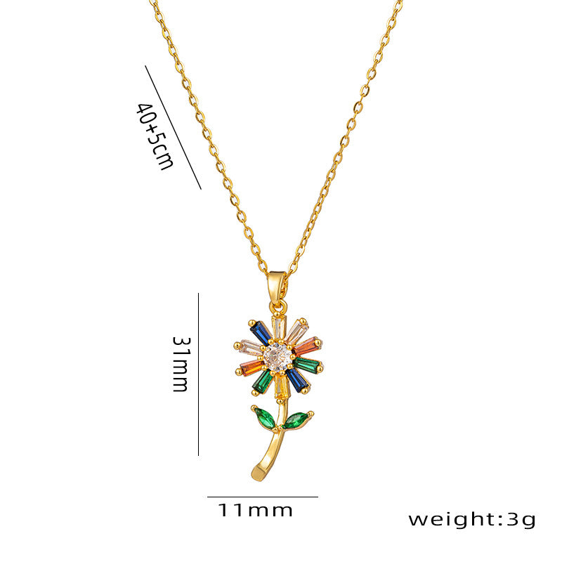 Collar Colgante Floral de Girasol Minimalista para Mujer en Acero de Titanio con Incrustación de Diamantes de Imitación en Cadena O