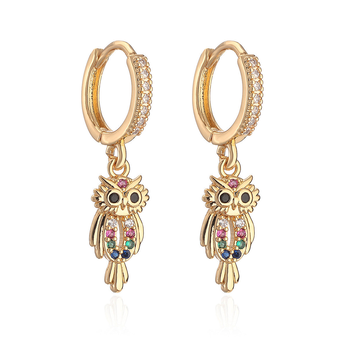 Minimalist Owl-Shaped Copper Earrings with Gold Plating and Zircon Inlay for Women