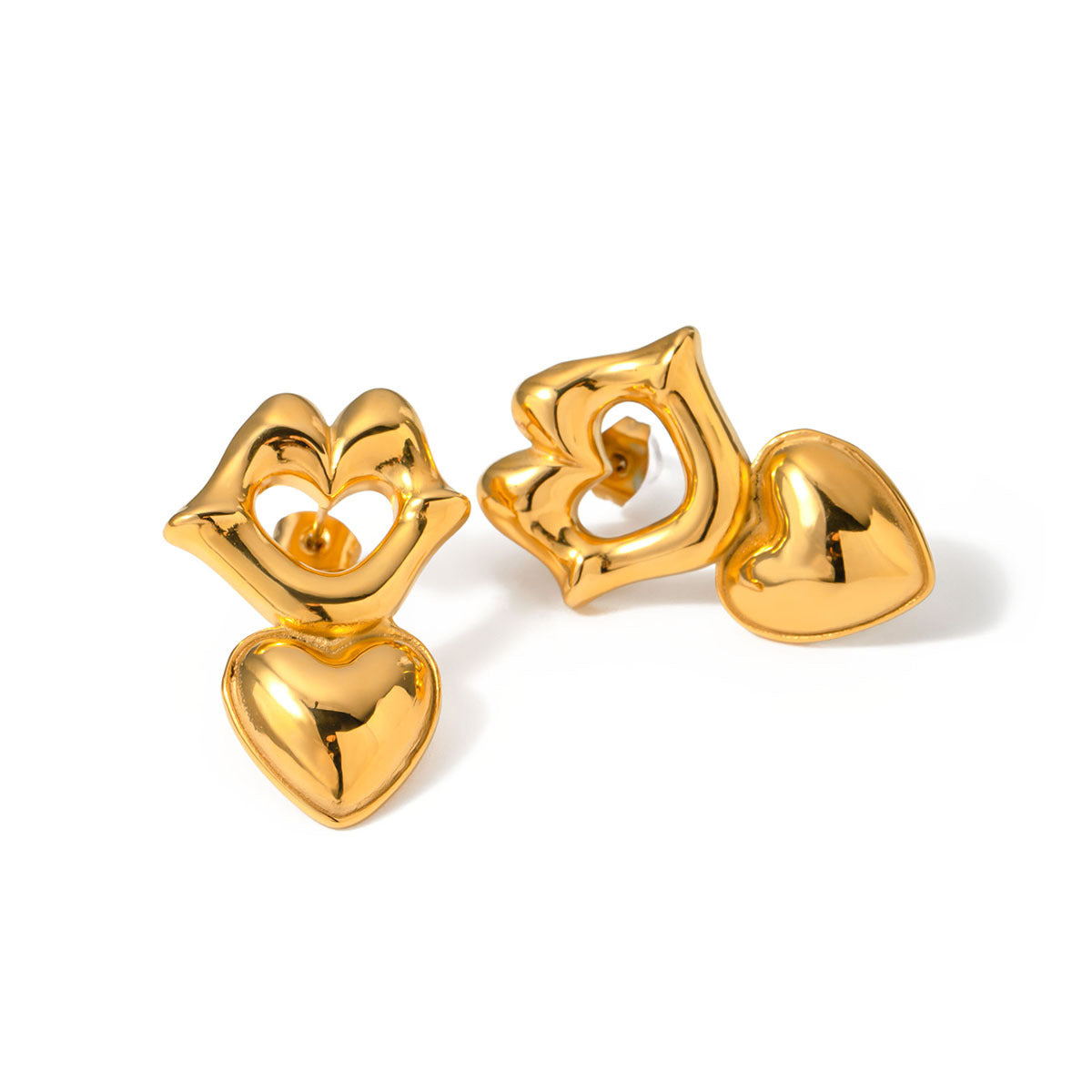 Fashionable 18K Gold Plated Stainless Steel Heart Lip Stud Earrings for Women