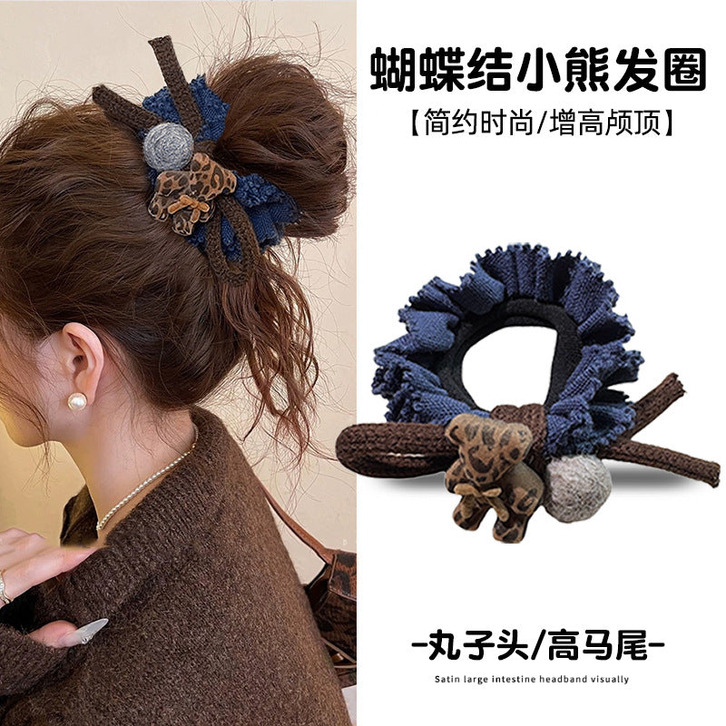 Elastico per capelli da donna in tessuto con bordo in velluto a forma di orsetto, stile lussuoso, elevata elasticità ed eleganza retrò