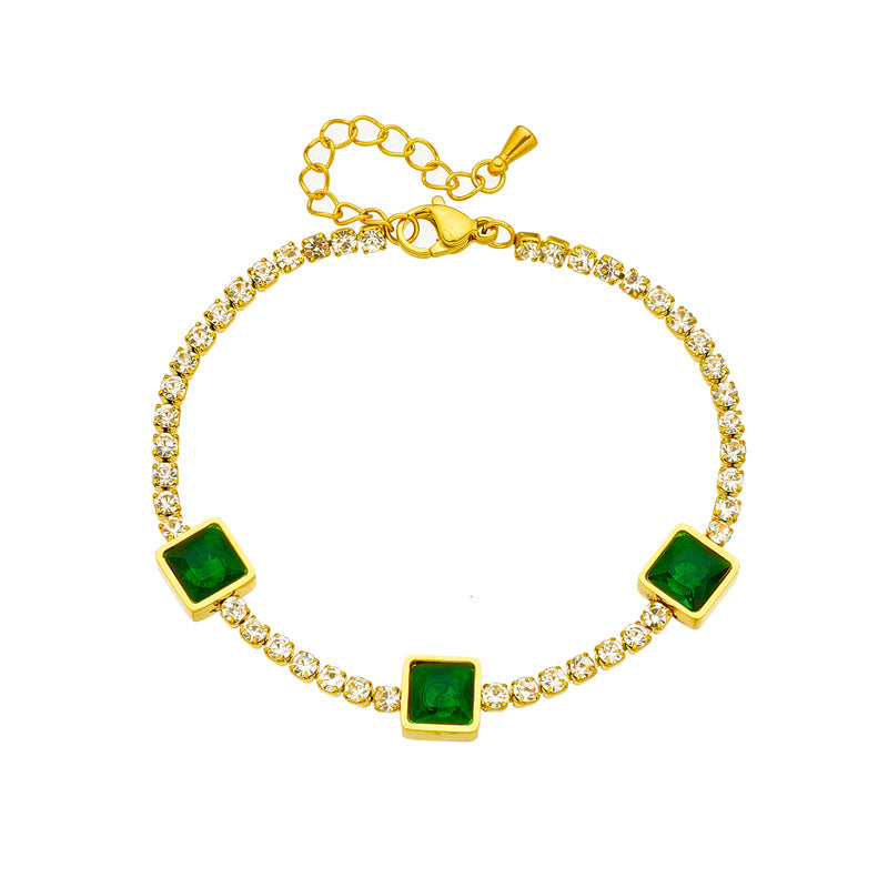Fashionable Geometric Square Emerald Green Rhinestone Pendant Titanium Steel Bracelet for Women